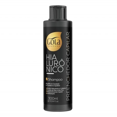 Frasco preto de shampoo Gota Dourada com rótulo dourado e branco