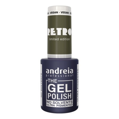 Frasco de verniz gel Andreia Professional azul escuro com tampa verde oliva e texto branco.