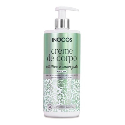 Frasco de creme de corpo Inocos verde e branco com padrão floral e texto em português