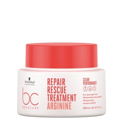 Frasco branco com tampa vermelha do produto Schwarzkopf Professional bonacure REPAIR RESCUE TREATMENT ARGININE