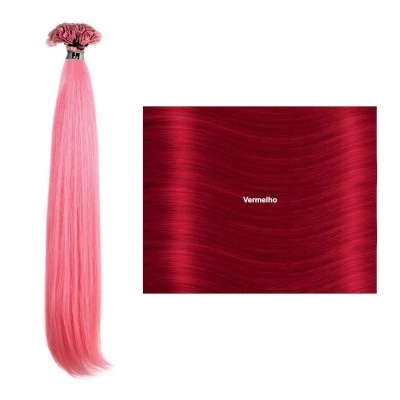Extensão de cabelo rosa e amostra de cabelo vermelho com texto