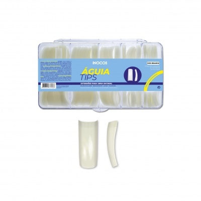 Estojo transparente de pontas para unhas falsas com rótulo azul e amarelo