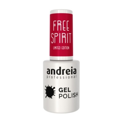 Frasco de verniz em gel para unhas Andreia Professional com tampa vermelha e texto Free Spirit.