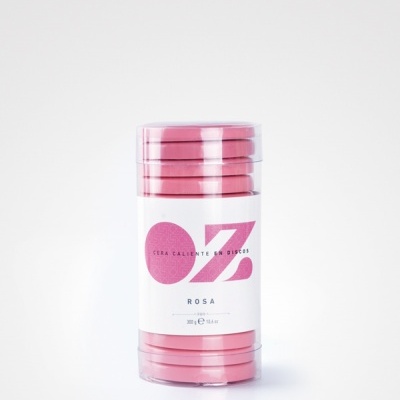 Pacote transparente com discos de cera cor-de-rosa e rótulo branco com texto OZ
