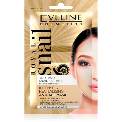 Embalaem de máscara facial Eveline Cosmetics Royal Snail com metade do rosto de uma mulher