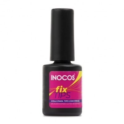 Frasco preto de cola para tips com rótulo rosa e amarelo
