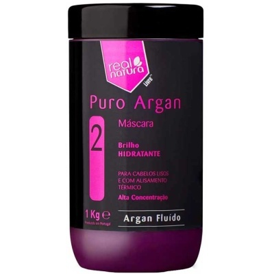 Embalagem preta com tampa preta e rótulo cor-de-rosa de máscara capilar Puro Argan Real Natura