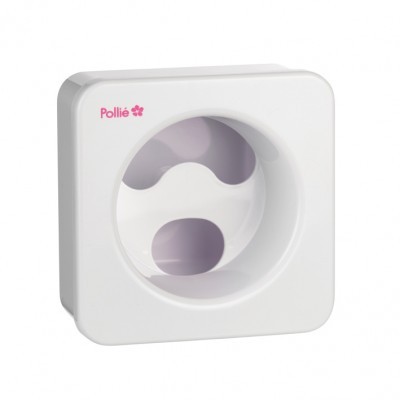 Dispositivo branco quadrado com texto rosa Pollié e design ondulado interior