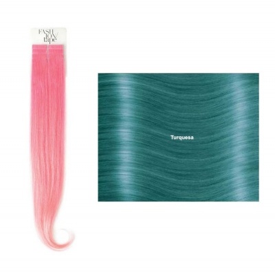 Extensão de cabelo rosa e padrão em cabelo turquesa com texto