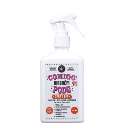 Frasco azul de spray com texto 'COMIGO NINGUÉM PODE SPRAY BFF' e capacidade 270 ml