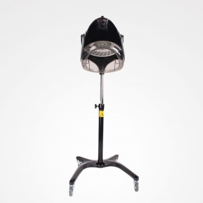 Capacete de secador de cabelo preto em suporte metálico com rodas