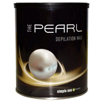 Lata preta de cera depilatória THE PEARL com imagem de pérola prateada e texto