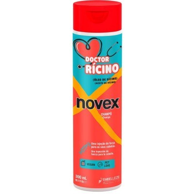 Frasco de champô Novex Doctor Rícino com tampa vermelha e rótulo azul e laranja.