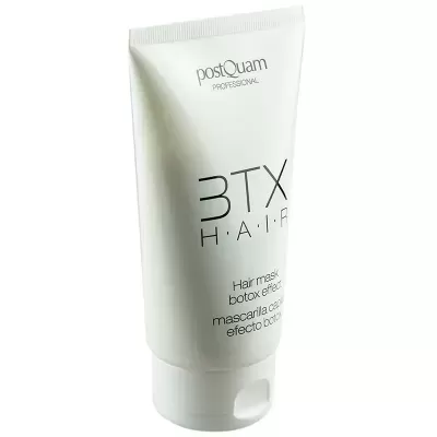 Frasco branco de máscara capilar postQuam Professional com texto em inglês e espanhol