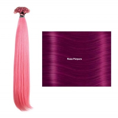Extensão de cabelo rosa claro e amostra de cor roxa com texto