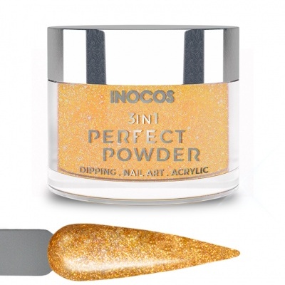 Frasco de pó acrílico dourado glitter INOCOS 3IN1 com uma amostra do produto