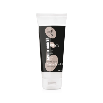 Tubo de creme branco com rótulo preto e texto branco e bege PH 2.5