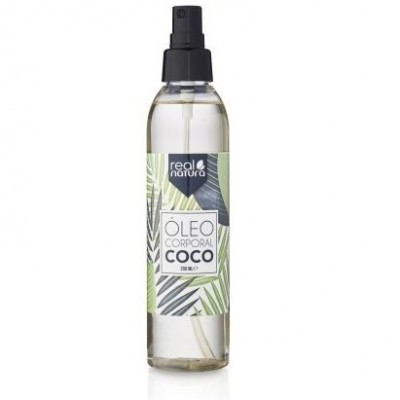 Frasco de óleo corporal coco com rótulo verde e branco