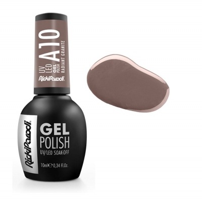 Garrafa de esmalte gel preto com tampa marrom e amostra da cor Rauna Granite