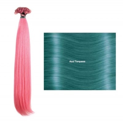 Extensão de cabelo rosa comprida e amostra azul turquesa com texto