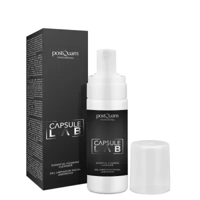 Gel de limpeza facial espumoso PostQuam Professional Capsule Lab com embalagem preta e frasco branco