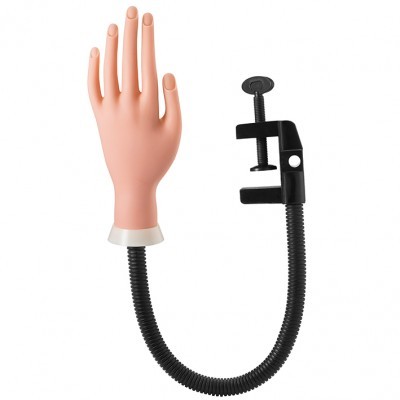 Mão de prática em silicone com suporte e presilha em fundo branco