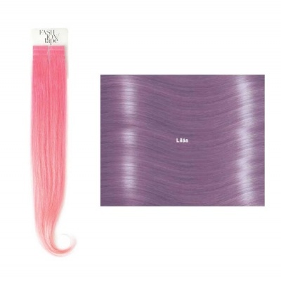Extensão de cabelo rosa com etiqueta e padrão de cabelo lilás com texto