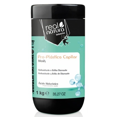 Frasco preto de máscara capilar Real Natura com rótulo azul claro e branco