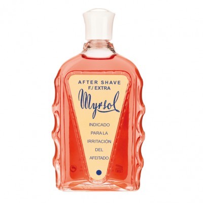 Frasco de after shave Myrsol com líquido vermelho e rótulo amarelo