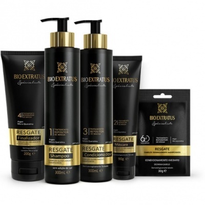 Conjunto de produtos capilares Bio Extratus Resgate em embalagens pretas e douradas.