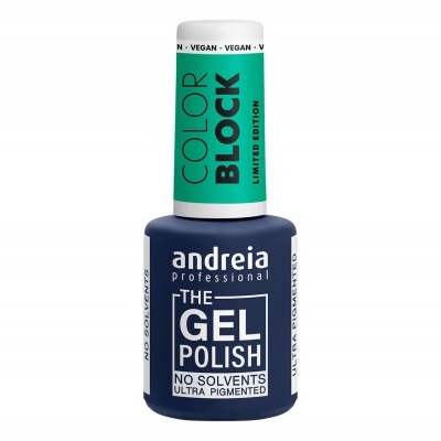 Frasco de verniz de gel azul escuro da andreia professional com tampa branca e verde