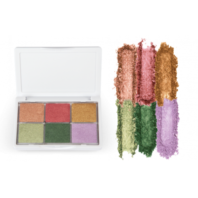 Paleta de sombras de olhos com seis cores variadas em embalagem branca aberta