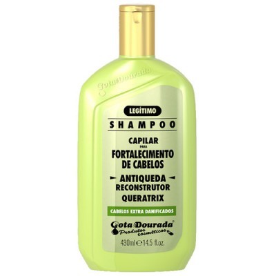 Frasco verde claro de shampoo com tampa dourada e texto em português