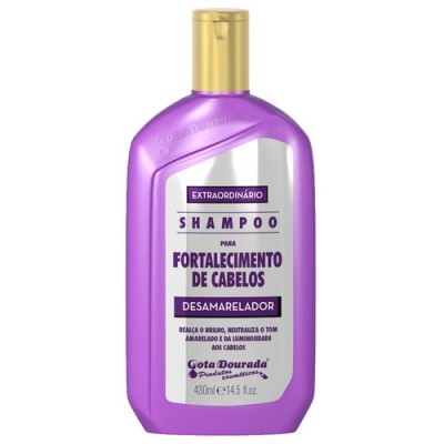 Frasco plástico roxo com tampa dourada de shampoo para fortalecimento de cabelos e efeito desamarelador