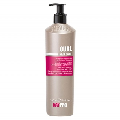 Frasco bronze com tampa preta e rótulo rosa de condicionador KAY PRO CURL HAIR CARE