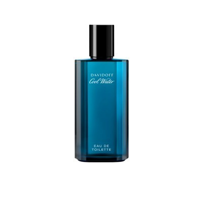 Frasco azul de vidro com tampa preta do perfume Davidoff Cool Water