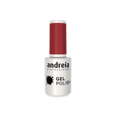 Frasco de verniz gel para unhas Andreia Professional com tampa vermelha e corpo branco.