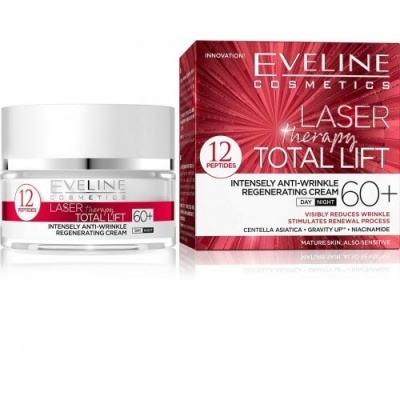 Creme anti-rugas Eveline Cosmetics Laser Therapy Total Lift 60+ com frasco e caixa vermelhos e brancos