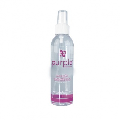 Frasco de spray transparente com texto 'purple' e 'SPRAY SANITIZER ANTIBACT'
