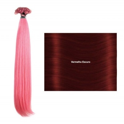 Extensões de cabelo cor-de-rosa e amostra de cabelo vermelho escuro com texto