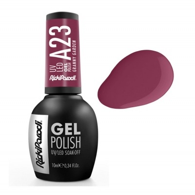 Verniz gel RickiParodi A23 GRANITY GARDEN em frasco preto com tampa roxa