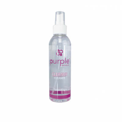 Frasco transparente de spray Purple Cleaner com rótulo rosa e branco