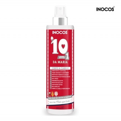 Frasco branco com tampa branca e etiqueta vermelha de produto INOCOS 10 em 1 DA MARIA corpo e cabelo