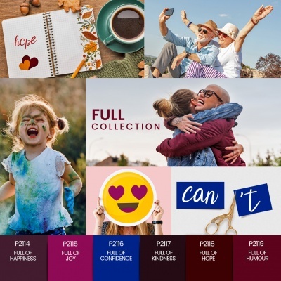 Colagem de fotos e paleta de cores com sentimentos em inglês e códigos P2114 a P2119