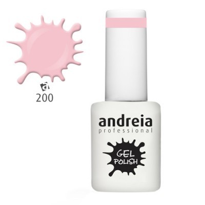 Frasco verniz gel Andreia Professional branco com rótulo e mancha rosa 200