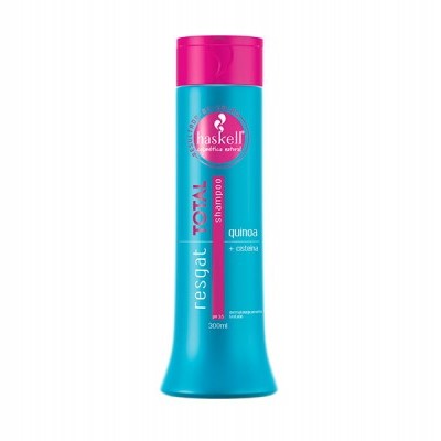 Frasco azul de champô Baskell Total Resgate com tampa rosa