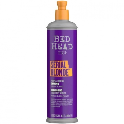 Frasco roxo de champô Bed Head TIGI Serial Blonde com tampa laranja