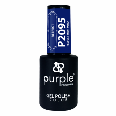 Frasco de verniz gel para unhas preto com tampa azul e texto branco