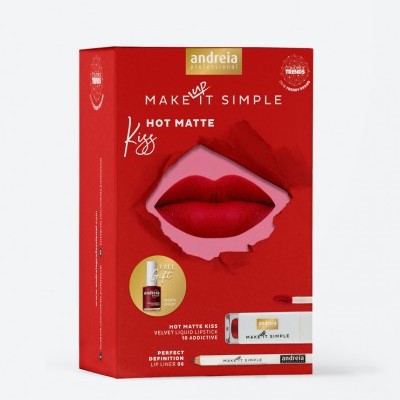 Embala de kit de maquilhagem vermelha com batom vermelho mate e lápis de lábios.