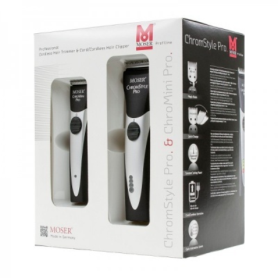Caixa de aparador de cabelo MOSER ChromStyle Pro & ChromMini Pro com imagens dos aparadores e texto explicativo.